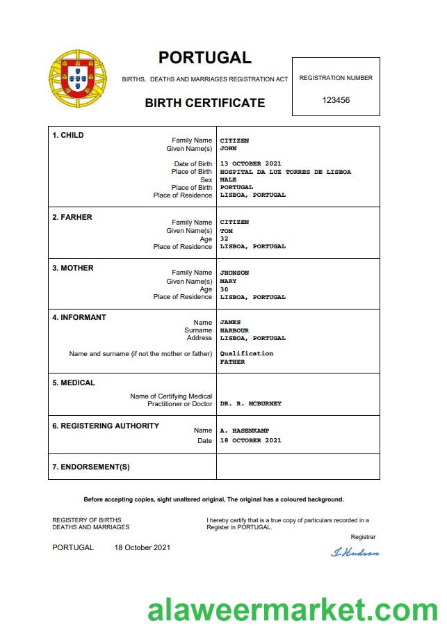Portugal birth certificate Word and PDF template